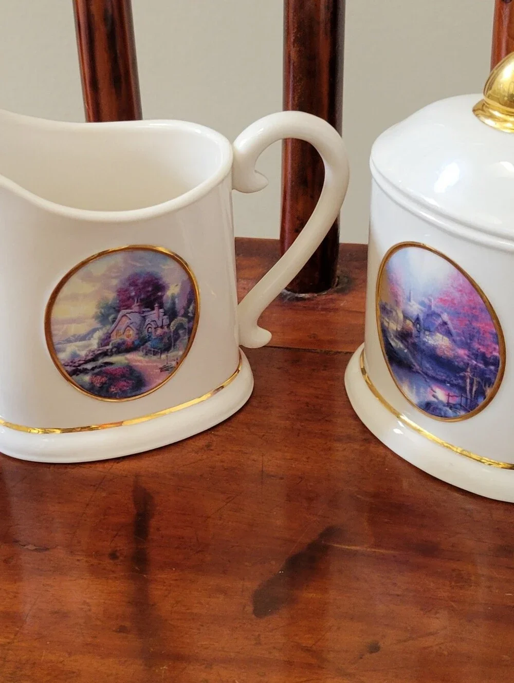 Thomas Kinkade Set of Creamer-Sugar w Lid-Salt and Pepper Shakers/2002 for Avon